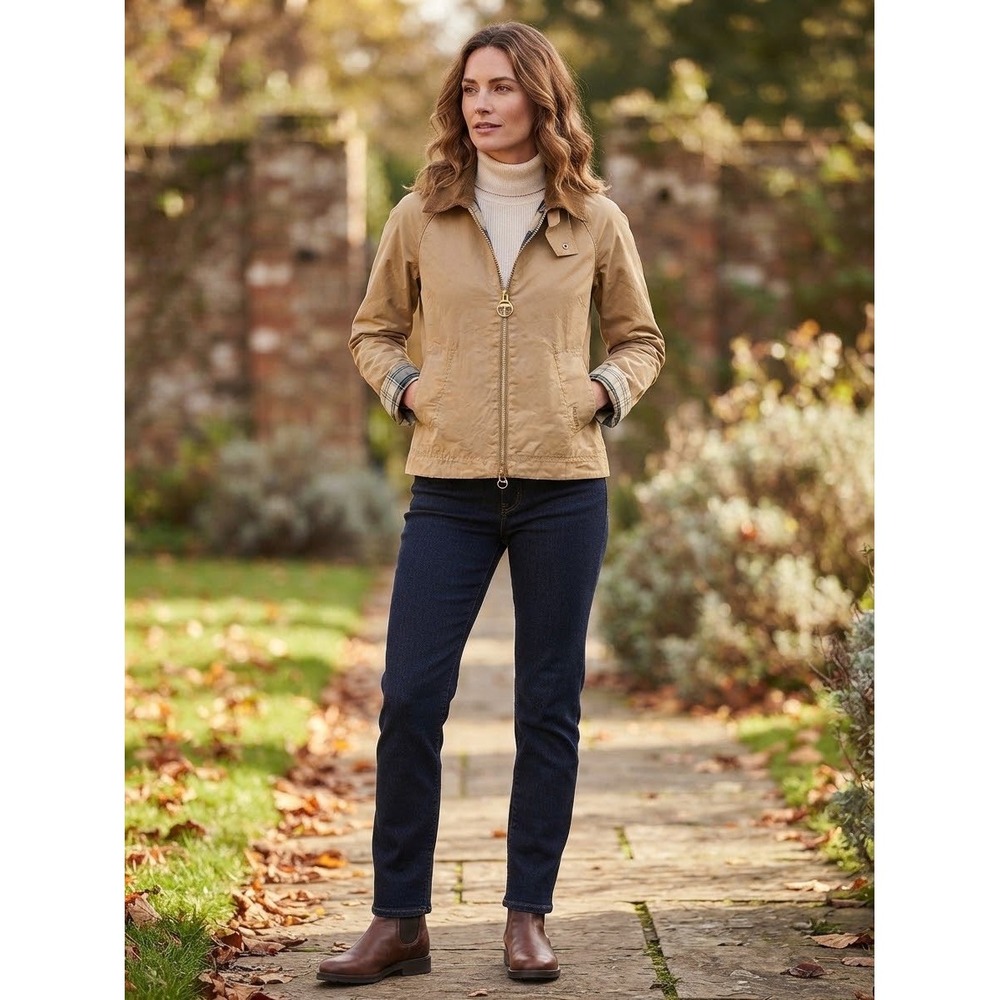 Barbour Womens Tan Khaki Harrington Jacket Tartan Lining Corduroy Collar Size 4